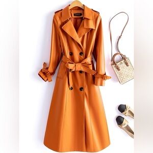 Orange Double-Breasted 100% lamb leather Trench Coat new